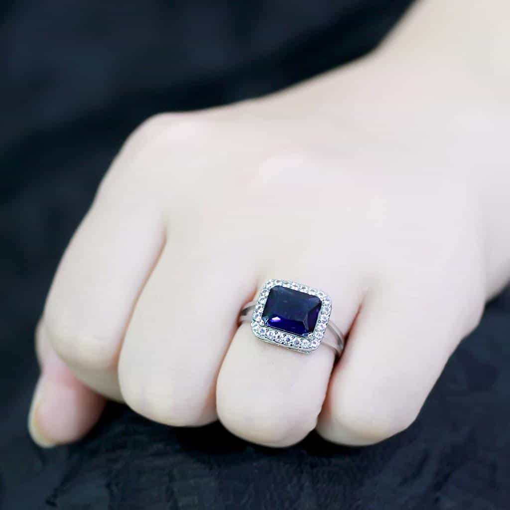 Stainless Steel London Blue CZ Emerald Cut Halo Solitaire Ring view 10