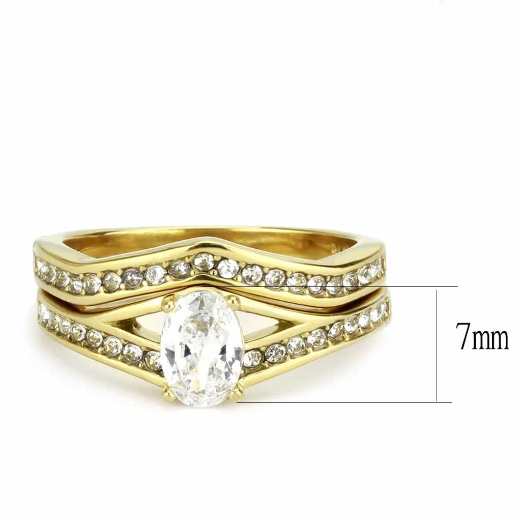 Stainless Steel Gold IP CZ Oval Pave Bridal Stack Ring view 2
