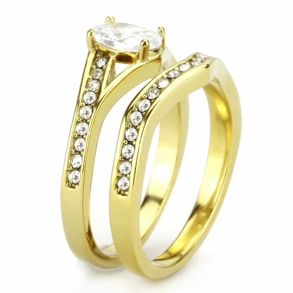Stainless Steel Gold IP CZ Oval Pave Bridal Stack Ring view 9