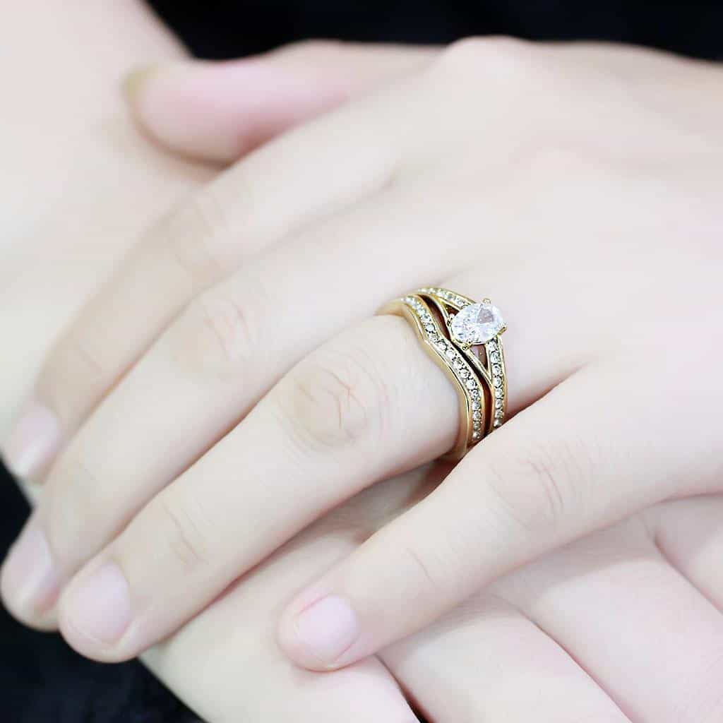 Stainless Steel Gold IP CZ Oval Pave Bridal Stack Ring view 10