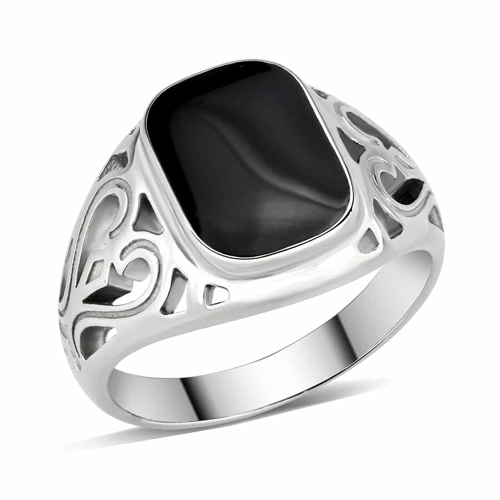 Stainless Steel Silver Black Onyx Rectangle Filigree Mens Ring view 1