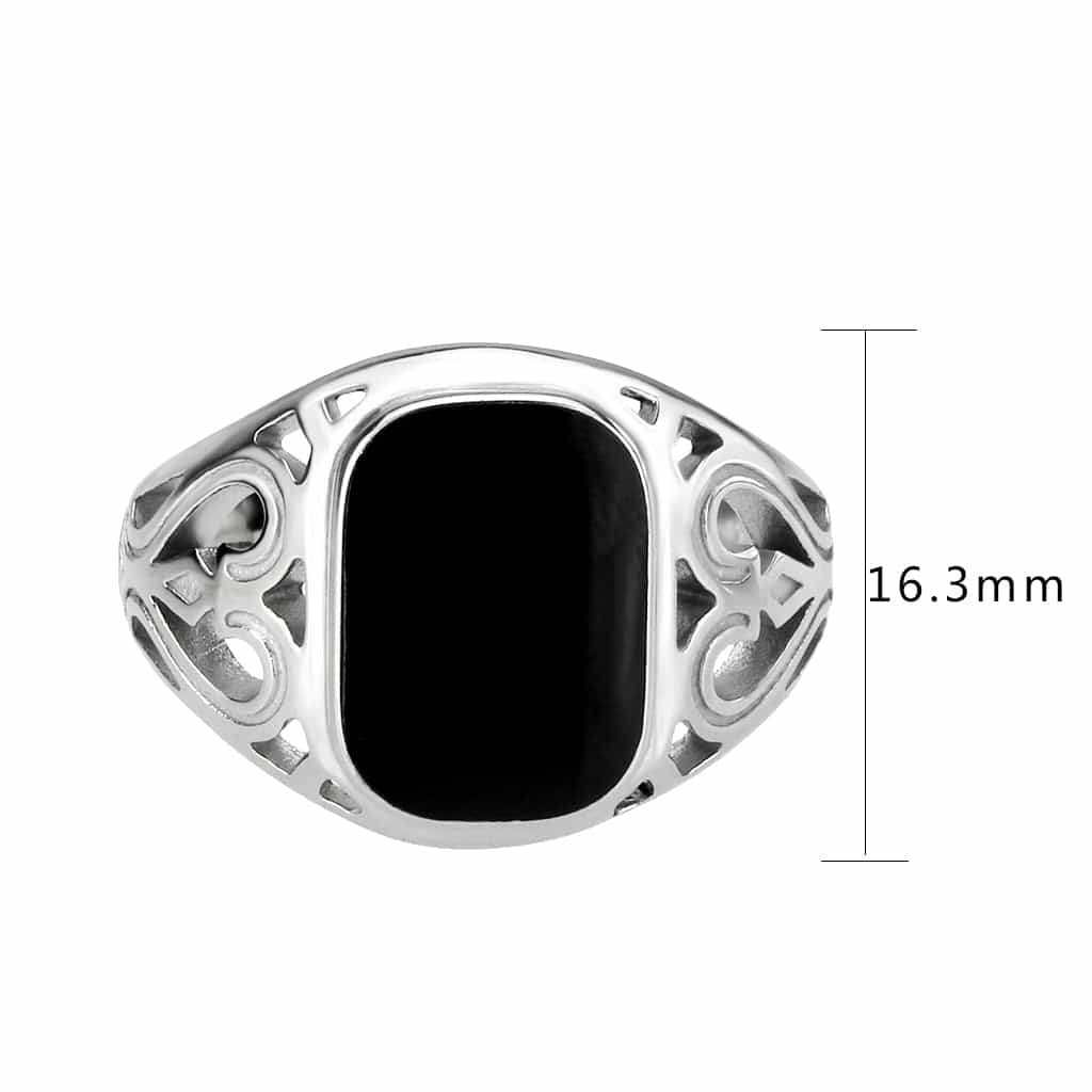 Stainless Steel Silver Black Onyx Rectangle Filigree Mens Ring view 8
