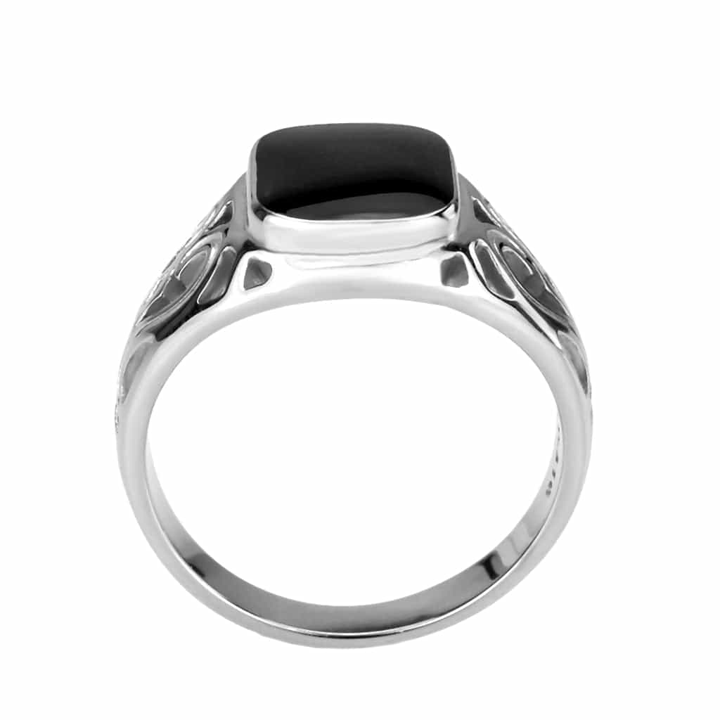 Stainless Steel Silver Black Onyx Rectangle Filigree Mens Ring view 4