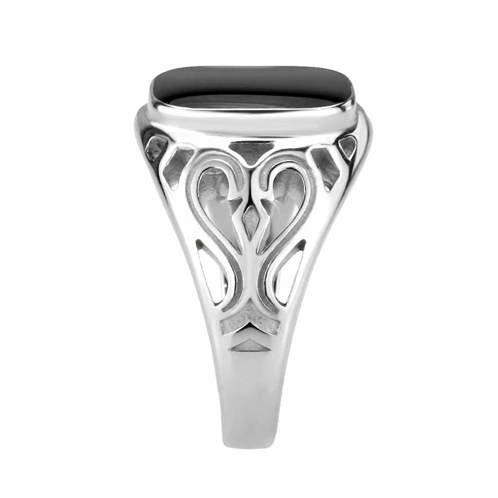 Stainless Steel Silver Black Onyx Rectangle Filigree Mens Ring view 10