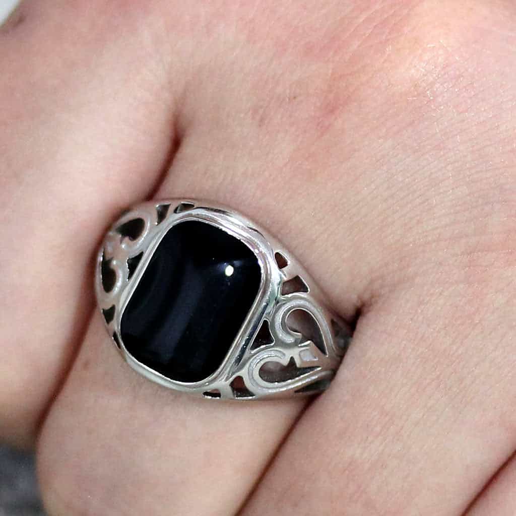 Stainless Steel Silver Black Onyx Rectangle Filigree Mens Ring view 2