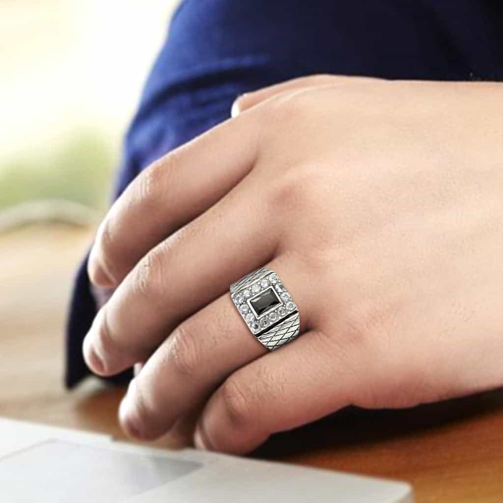 Stainless Steel Silver Black Onyx Square CZ Halo Mens Signet Ring view 10