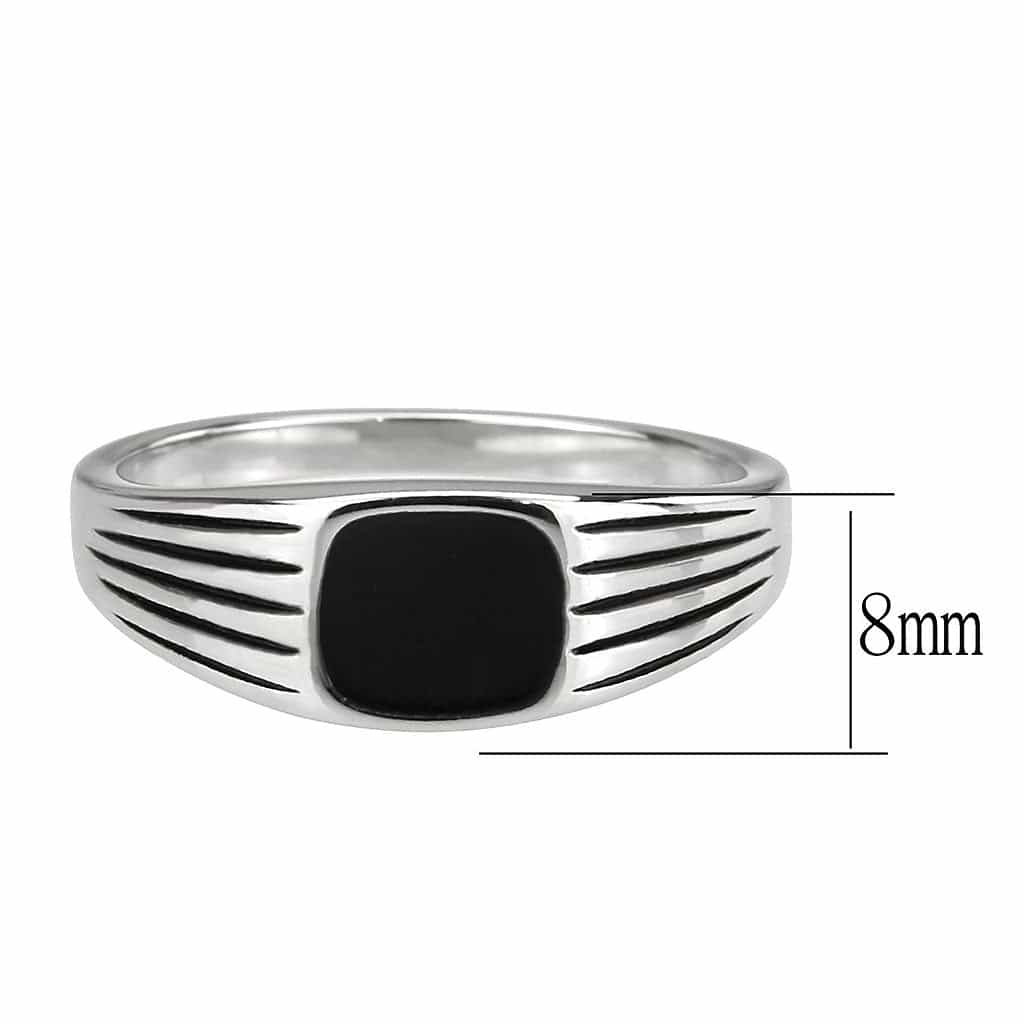 Stainless Steel Silver Black Onyx Rectangle Ribbed Mens Ring view 7