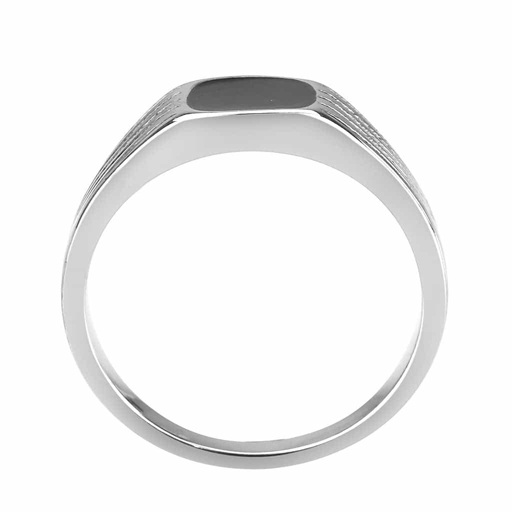 Stainless Steel Silver Black Onyx Rectangle Ribbed Mens Ring view 3
