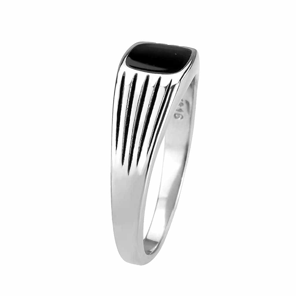 Stainless Steel Silver Black Onyx Rectangle Ribbed Mens Ring view 9