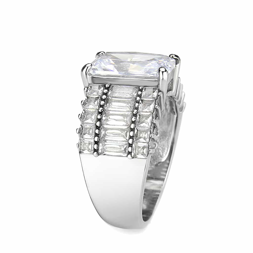 Stainless Steel Silver CZ Princess Baguette Wide Cocktail Ring view 4