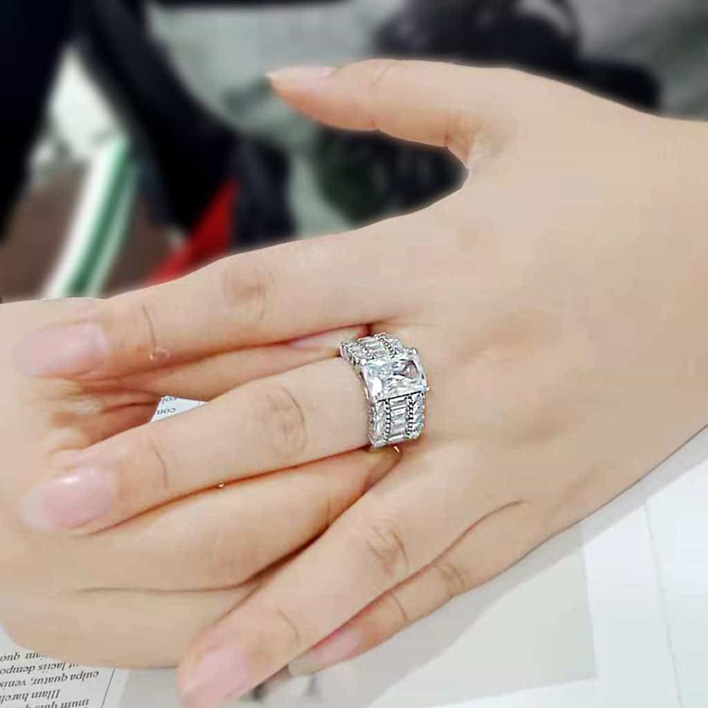 Stainless Steel Silver CZ Princess Baguette Wide Cocktail Ring view 5