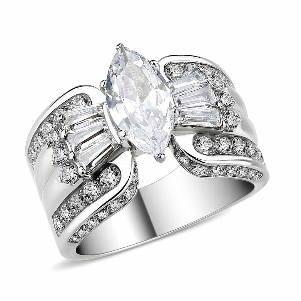 Stainless Steel Silver CZ Marquise Baguette Pave Wide Ring view 1