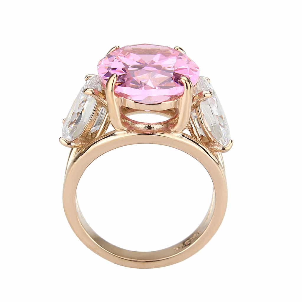 Stainless Steel Rose Gold IP Pink CZ Oval Pear Three Stone Ring view 8