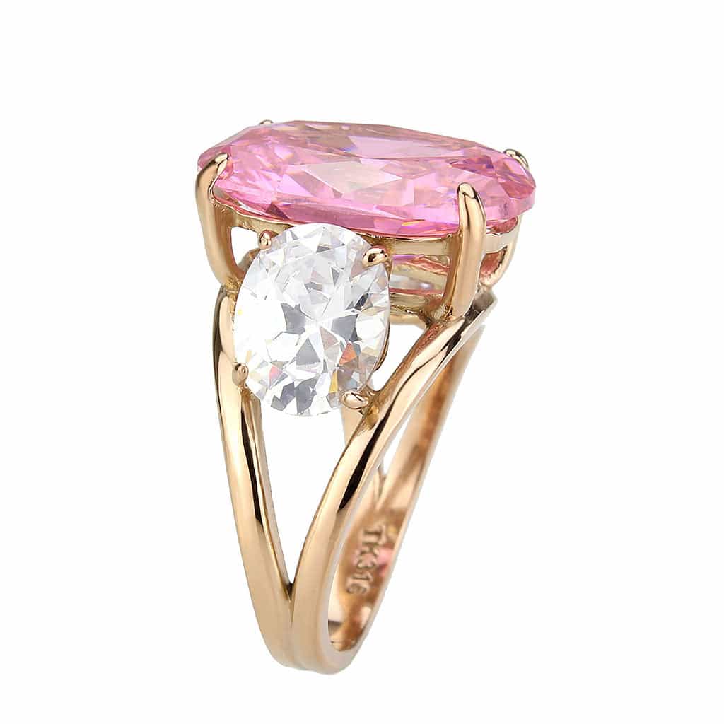 Stainless Steel Rose Gold IP Pink CZ Oval Pear Three Stone Ring view 9