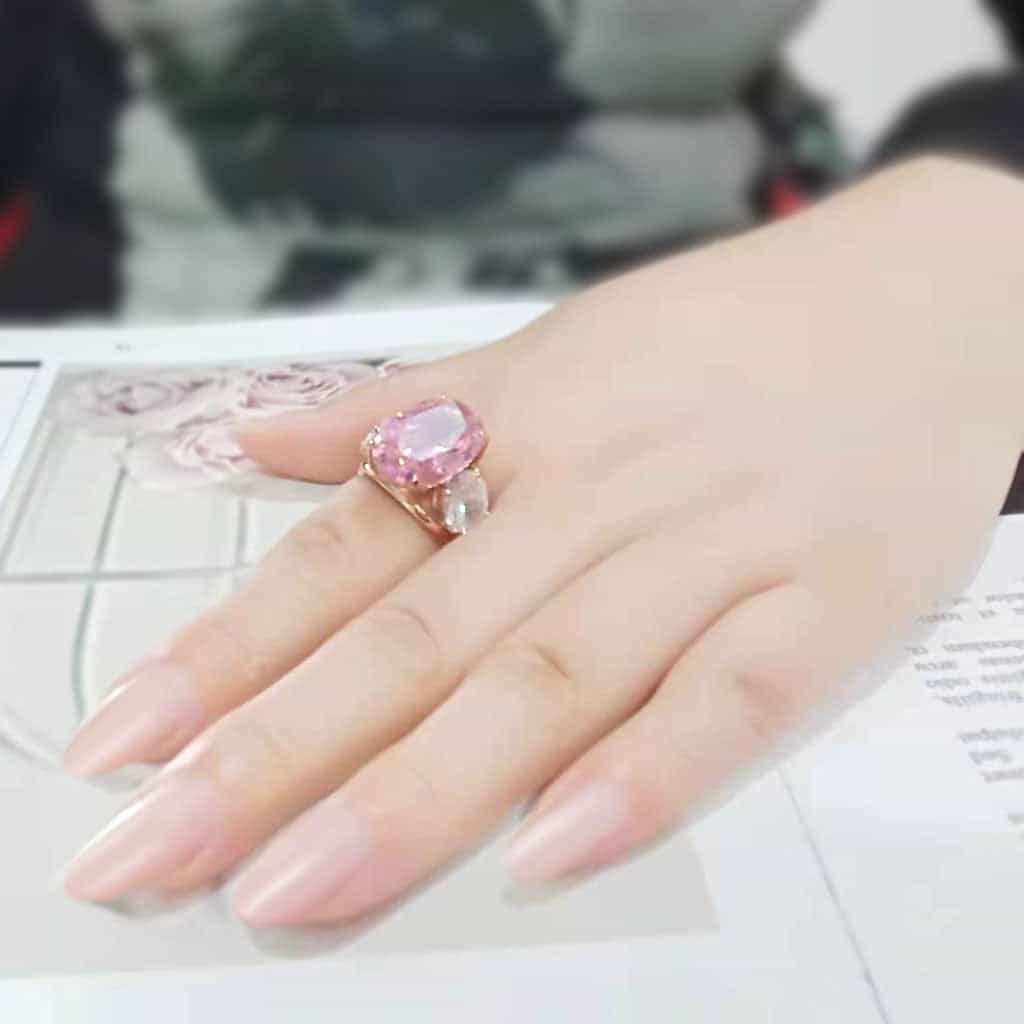 Stainless Steel Rose Gold IP Pink CZ Oval Pear Three Stone Ring view 5