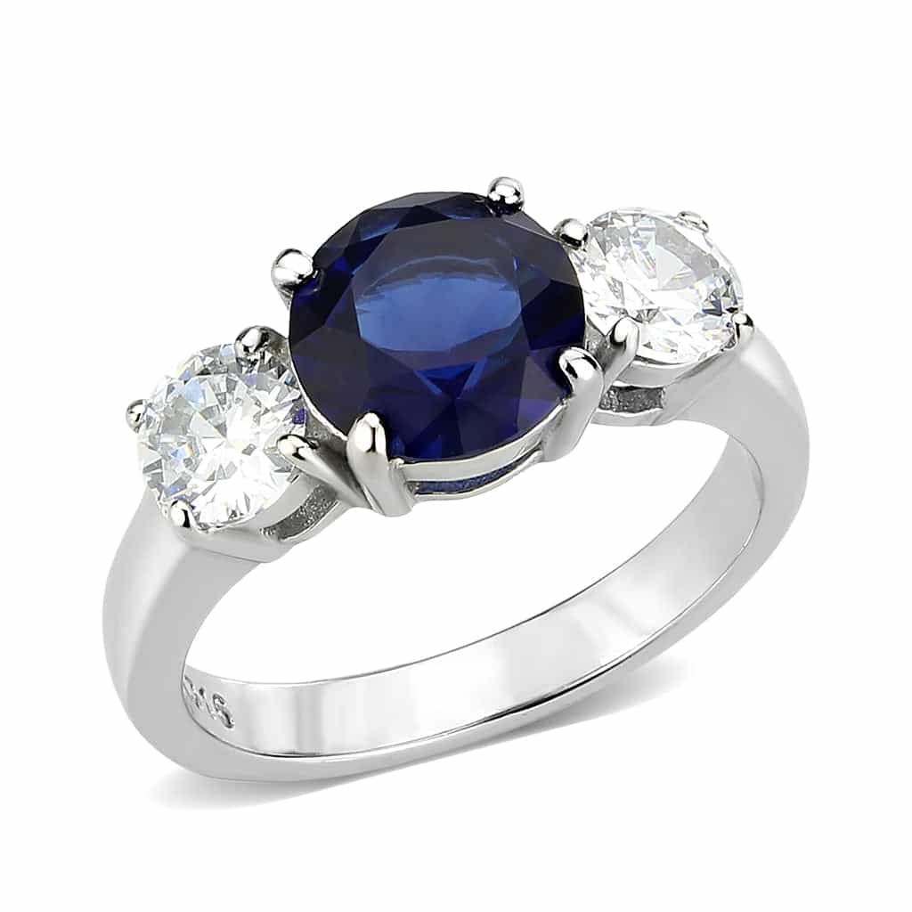 Stainless Steel Silver Blue Sapphire CZ Round Three Stone Ring view 1