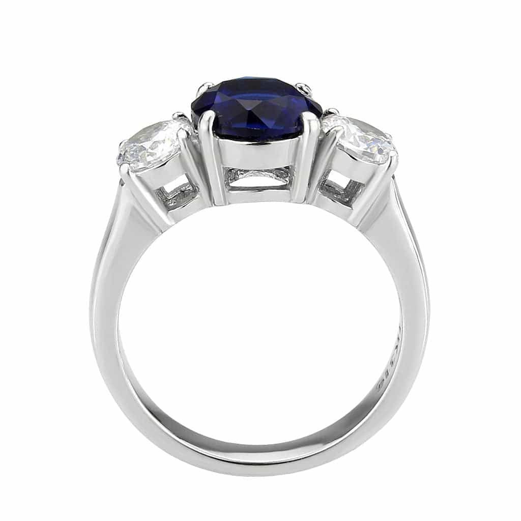 Stainless Steel Silver Blue Sapphire CZ Round Three Stone Ring view 8