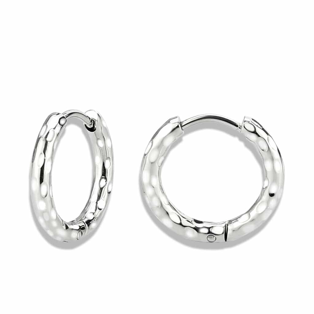 Sterling Silver Polished Hammered Circle Huggie Hoop Earrings view 2