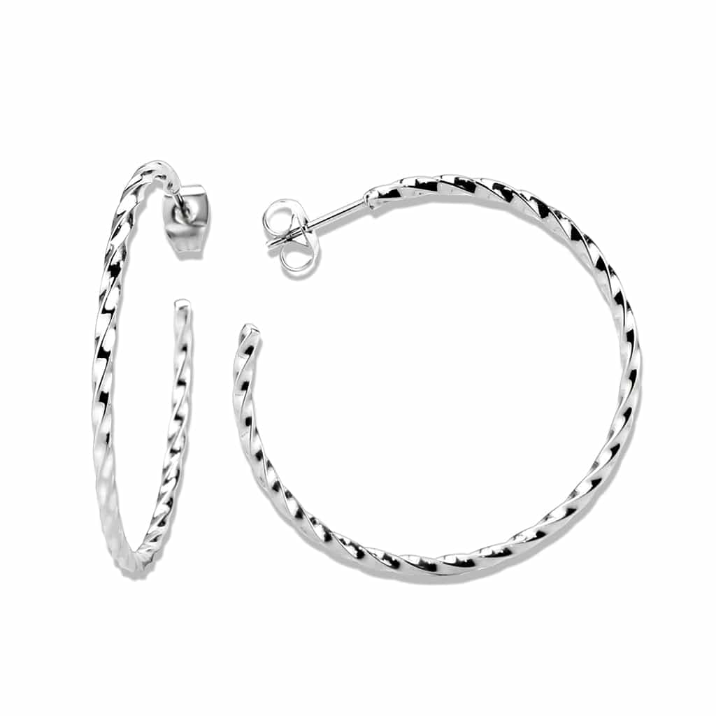 Stainless Steel Silver Polished Twisted Diamond Cut Hoop Earrings view 2
