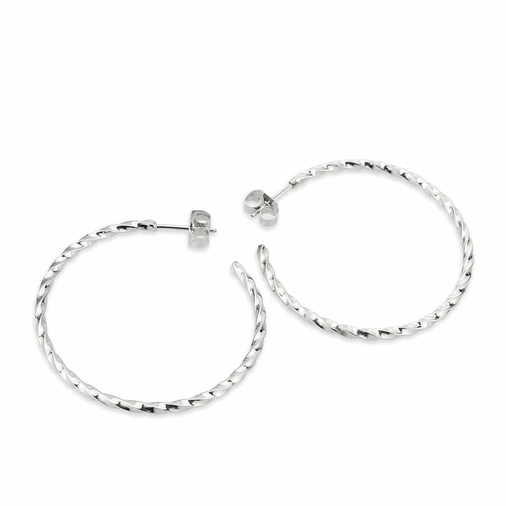 Stainless Steel Silver Polished Twisted Diamond Cut Hoop Earrings view 1
