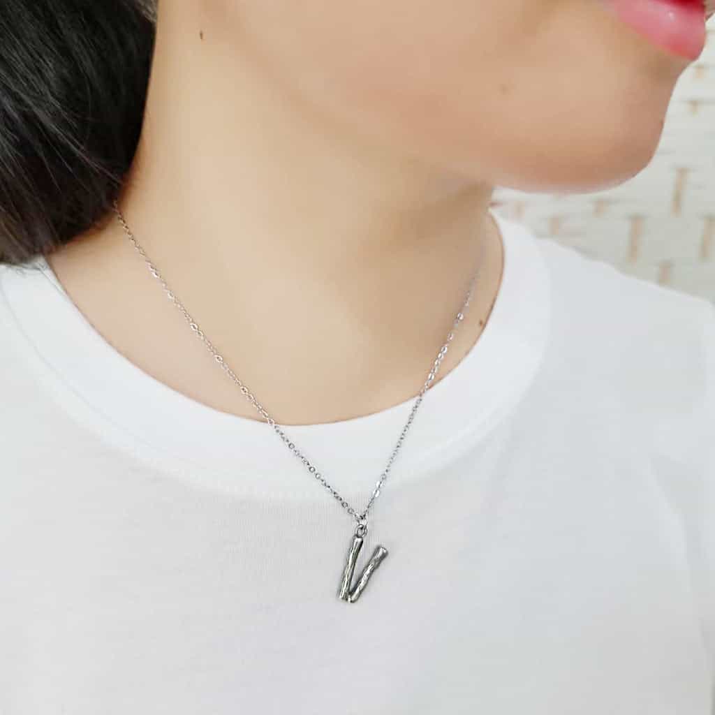 Stainless Steel Silver Bamboo Letter V Pendant Chain Pendant view 2