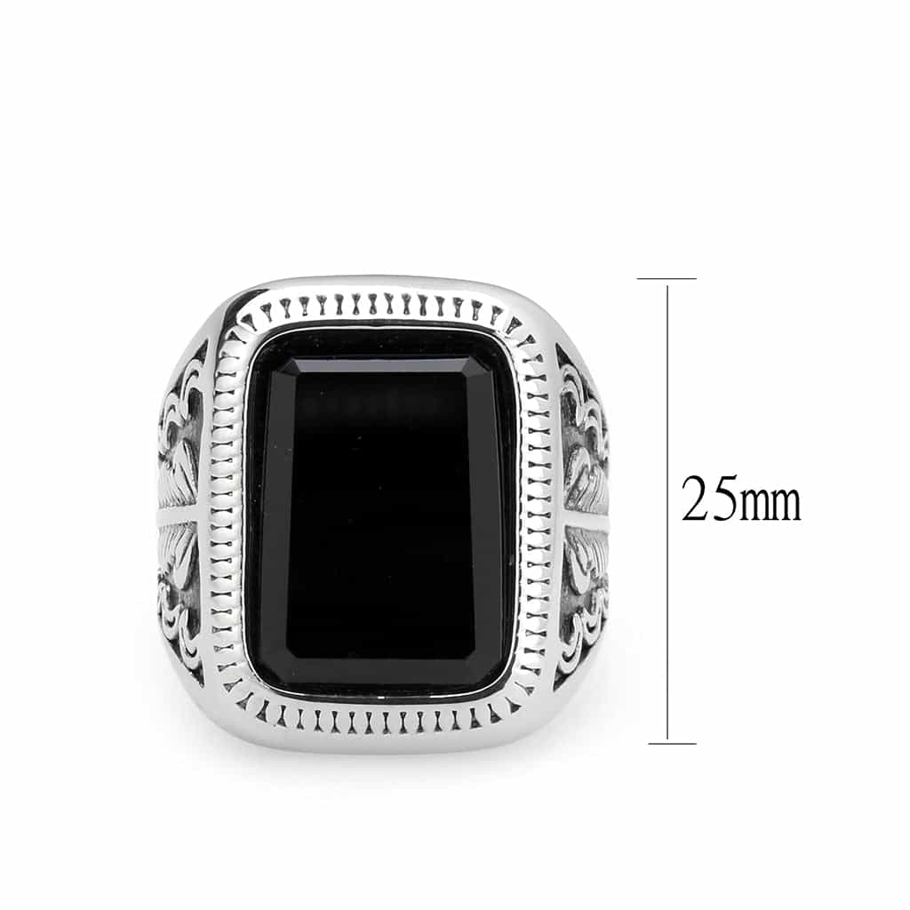Stainless Steel Silver Black Onyx Rectangle Scroll Carved Ring view 6