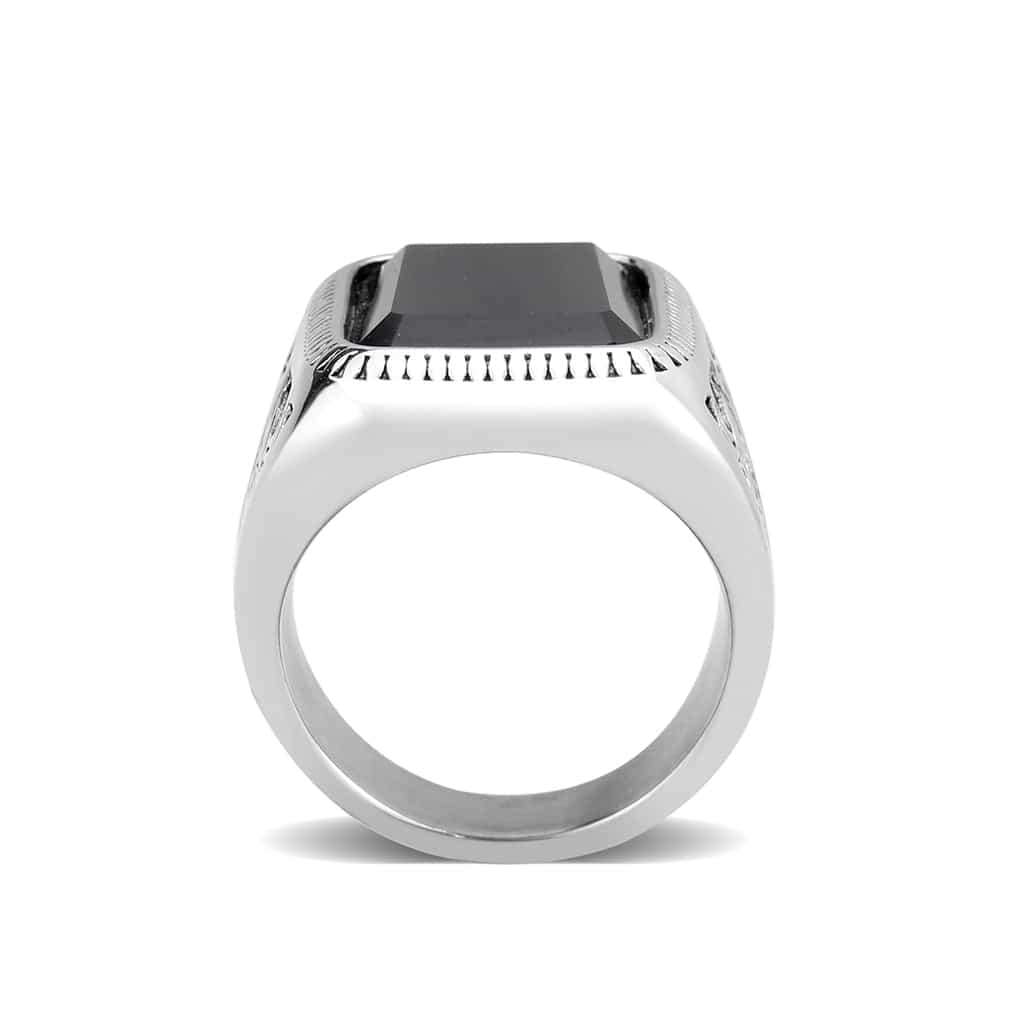 Stainless Steel Silver Black Onyx Rectangle Scroll Carved Ring view 7