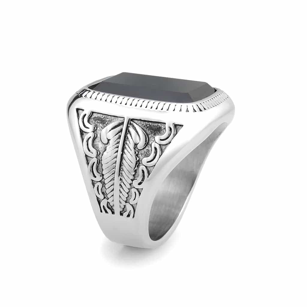 Stainless Steel Silver Black Onyx Rectangle Scroll Carved Ring view 8