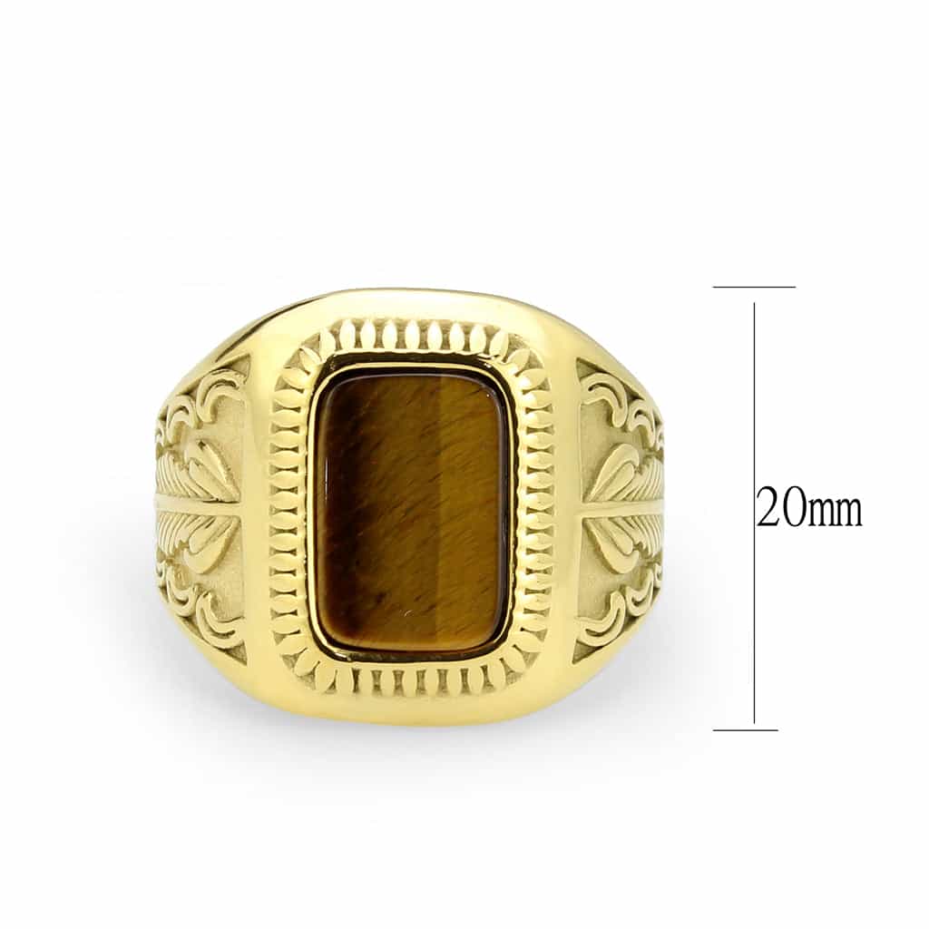 Stainless Steel Gold IP Tiger Eye Rectangle Scroll Carved Ring view 2