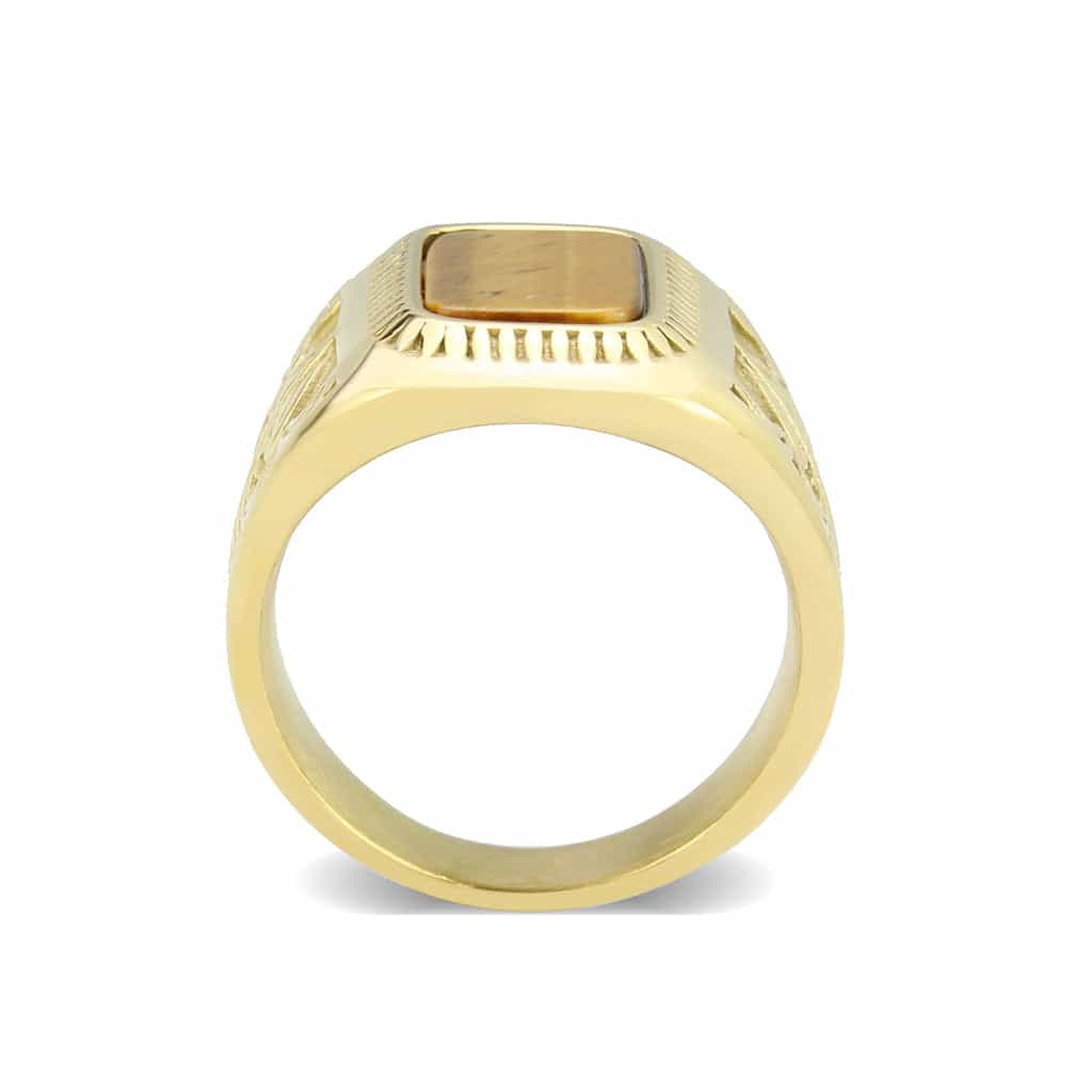 Stainless Steel Gold IP Tiger Eye Rectangle Scroll Carved Ring view 7