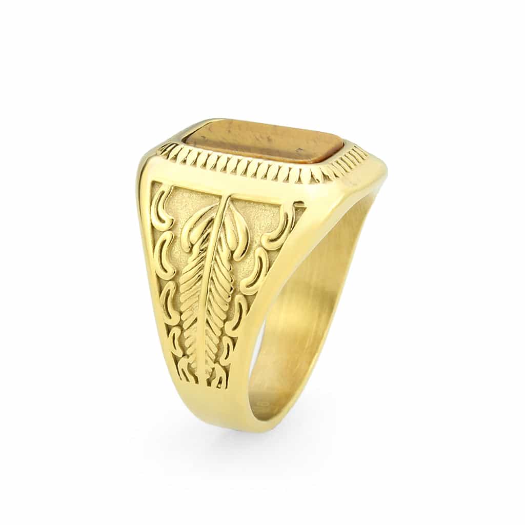 Stainless Steel Gold IP Tiger Eye Rectangle Scroll Carved Ring view 4
