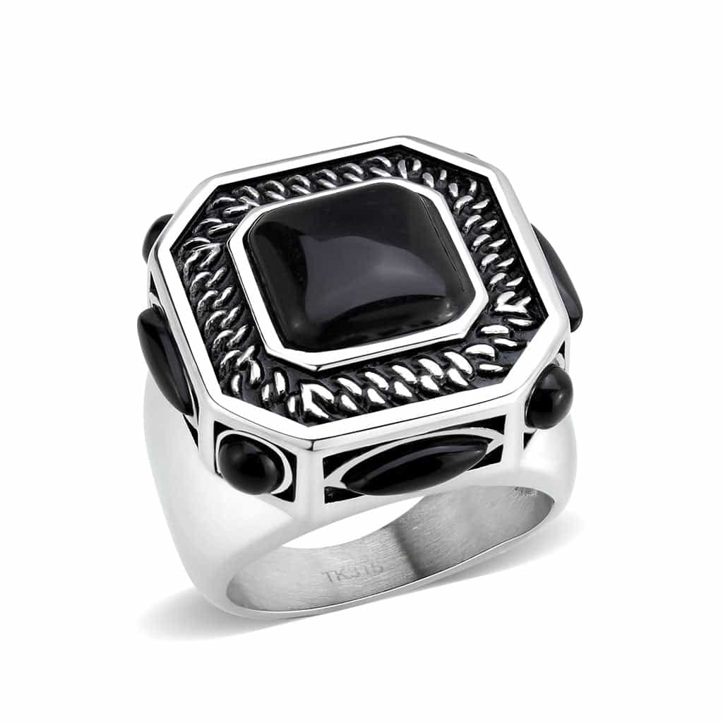 Stainless Steel Silver Black Onyx Emerald Cut Rope Chain Ring view 1