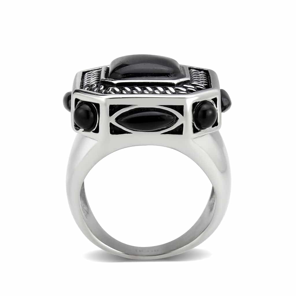 Stainless Steel Silver Black Onyx Emerald Cut Rope Chain Ring view 7