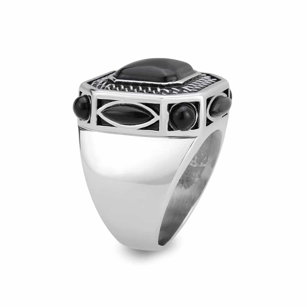 Stainless Steel Silver Black Onyx Emerald Cut Rope Chain Ring view 4
