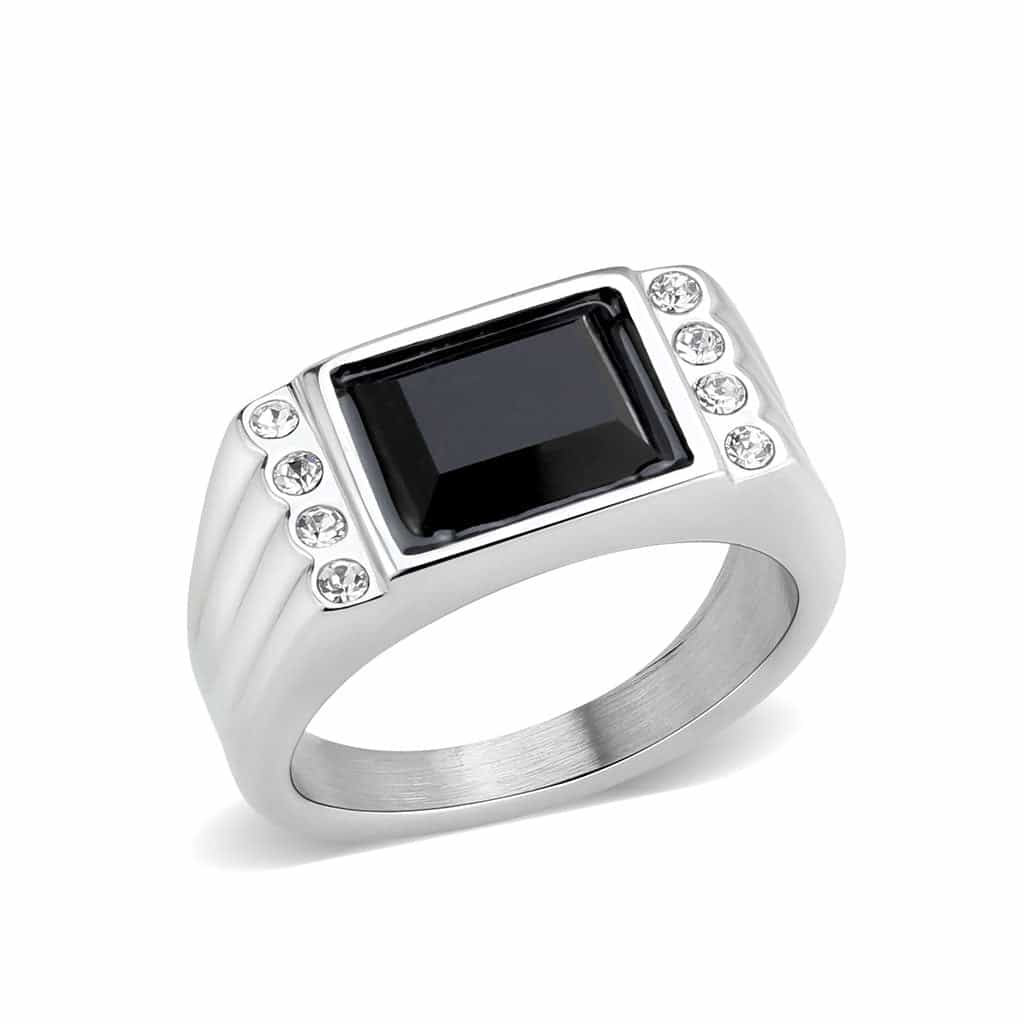 Stainless Steel Silver Black Onyx Rectangle CZ Channel Mens Ring view 1