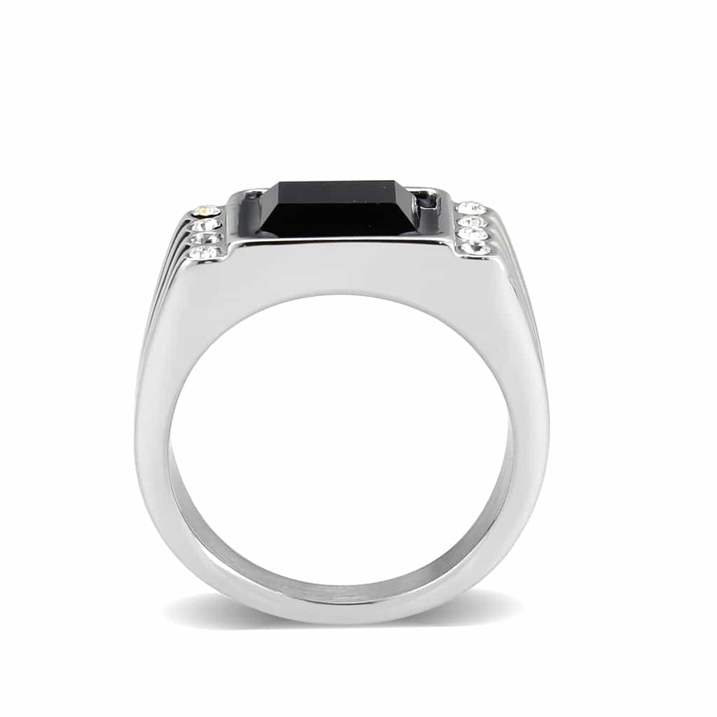 Stainless Steel Silver Black Onyx Rectangle CZ Channel Mens Ring view 7