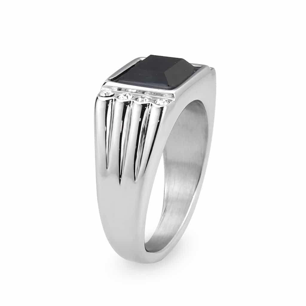 Stainless Steel Silver Black Onyx Rectangle CZ Channel Mens Ring view 8