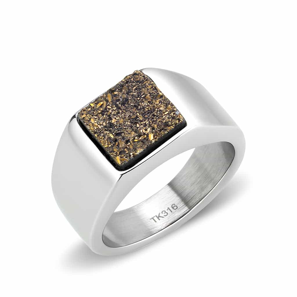 Stainless Steel Silver Gold Druzy Rectangle Flat Top Mens Ring view 1