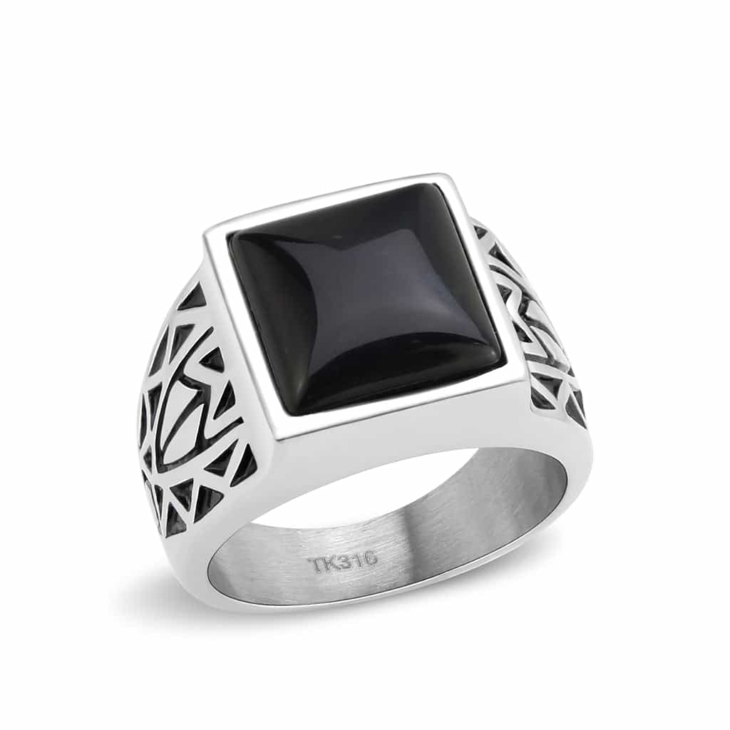 Stainless Steel Silver Black Onyx Princess Geometric Cutout Ring view 5