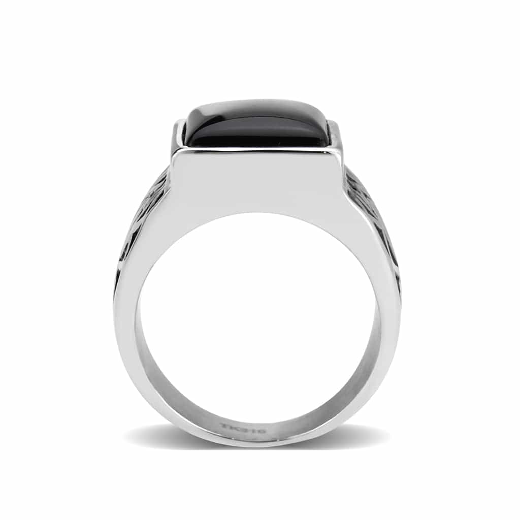 Stainless Steel Silver Black Onyx Princess Geometric Cutout Ring view 3