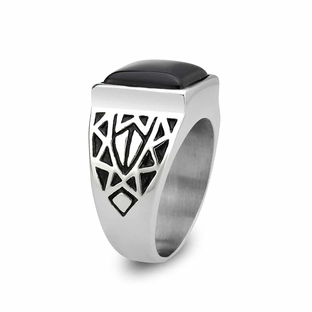 Stainless Steel Silver Black Onyx Princess Geometric Cutout Ring view 8