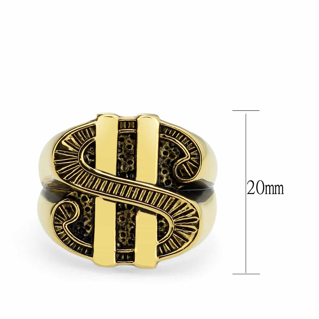 Stainless Steel Gold IP Dollar Sign Carved Aztec Mens Signet Ring view 6