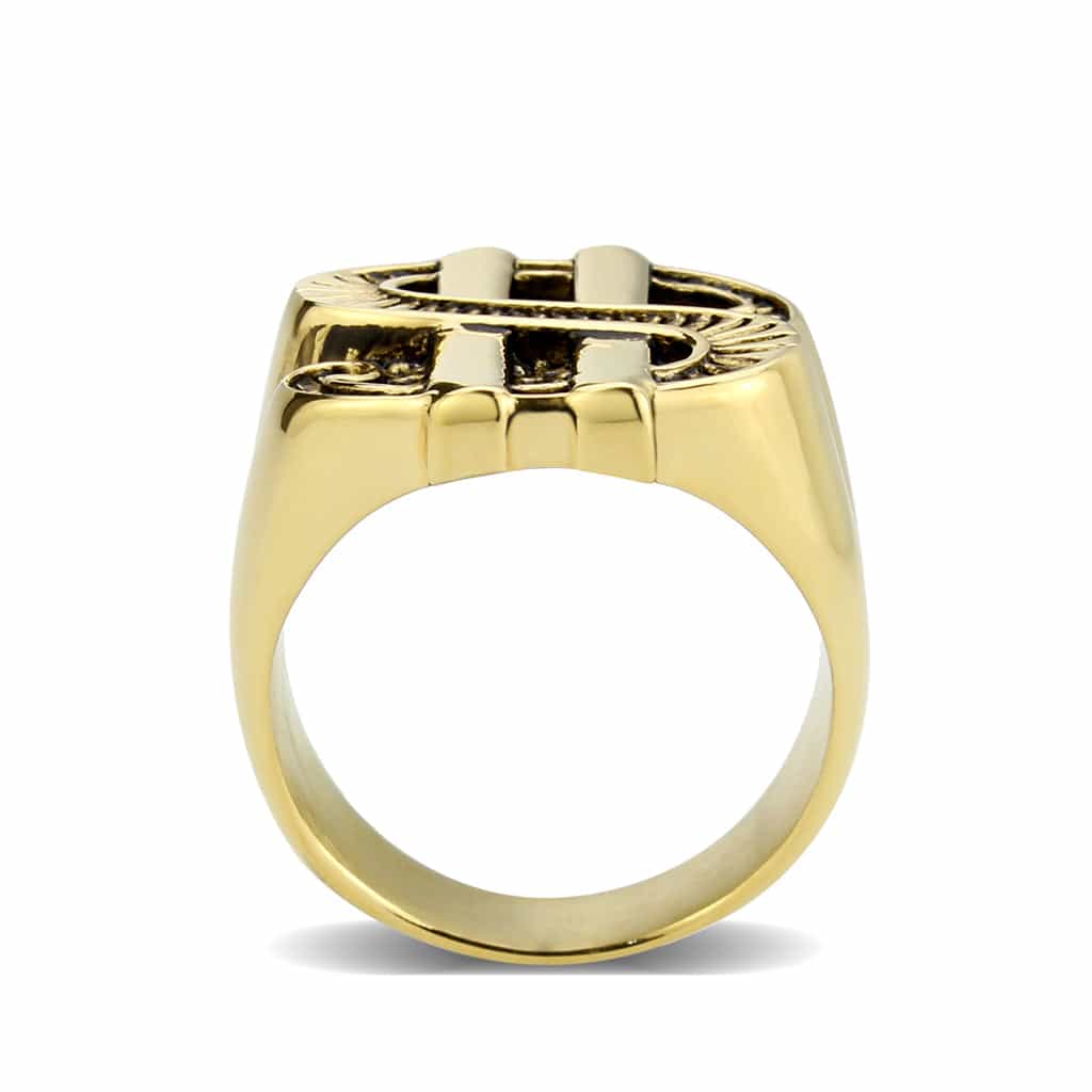Stainless Steel Gold IP Dollar Sign Carved Aztec Mens Signet Ring view 7