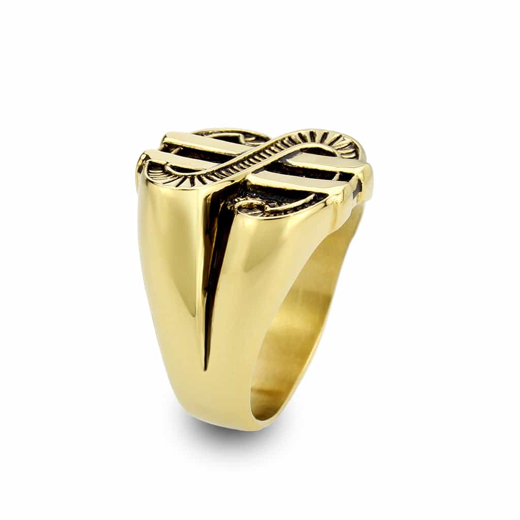 Stainless Steel Gold IP Dollar Sign Carved Aztec Mens Signet Ring view 8