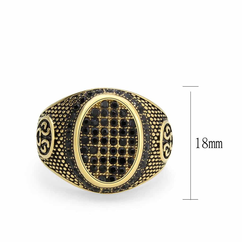 Stainless Steel Gold IP Black CZ Scroll Carved Military Ring view 6