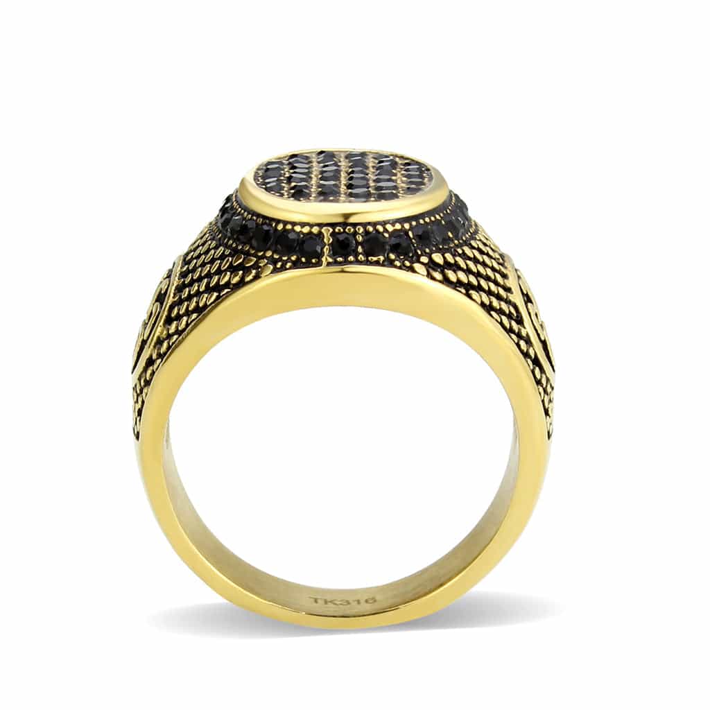 Stainless Steel Gold IP Black CZ Scroll Carved Military Ring view 7