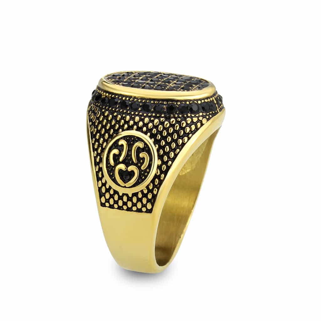Stainless Steel Gold IP Black CZ Scroll Carved Military Ring view 8
