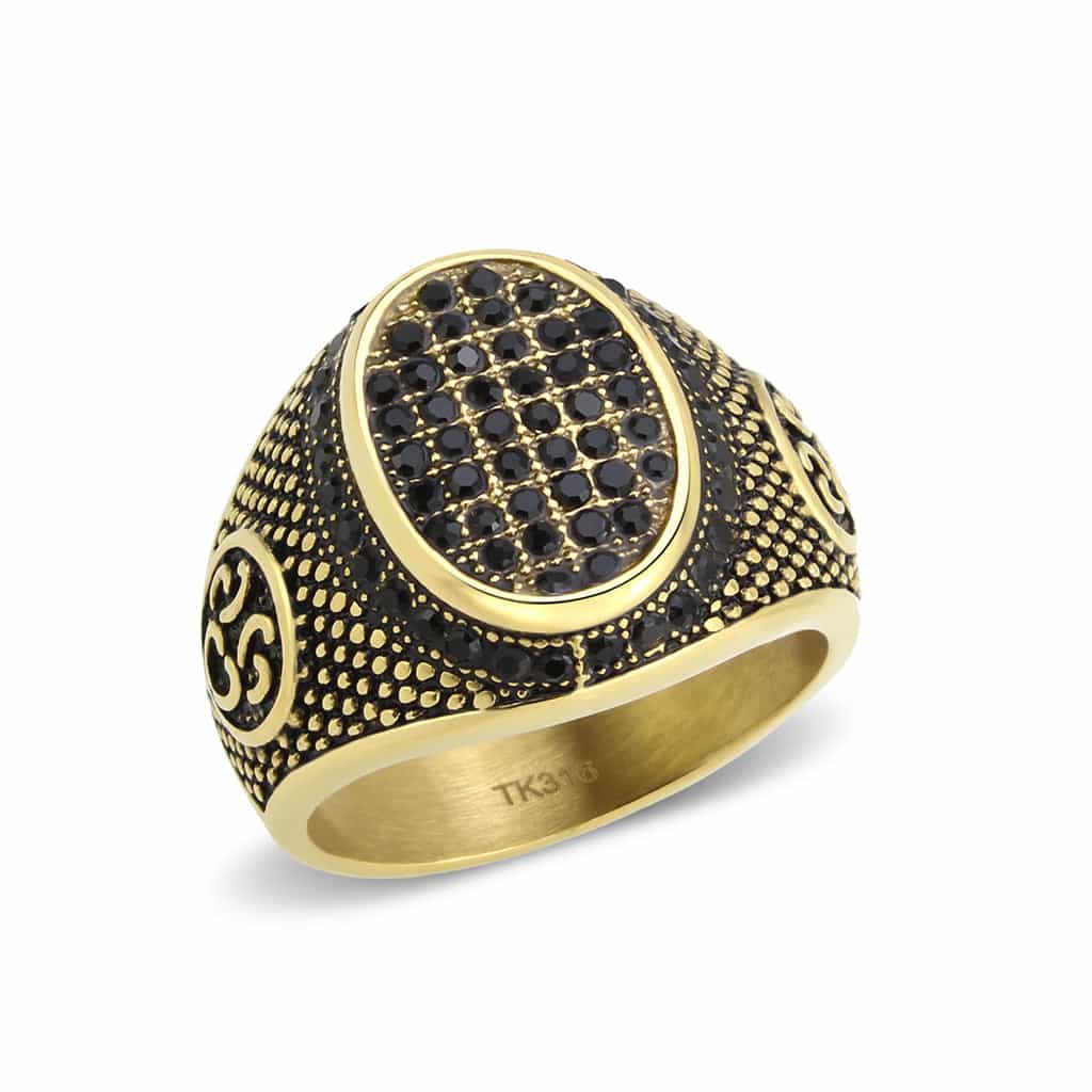 Stainless Steel Gold IP Black CZ Scroll Carved Military Ring view 1