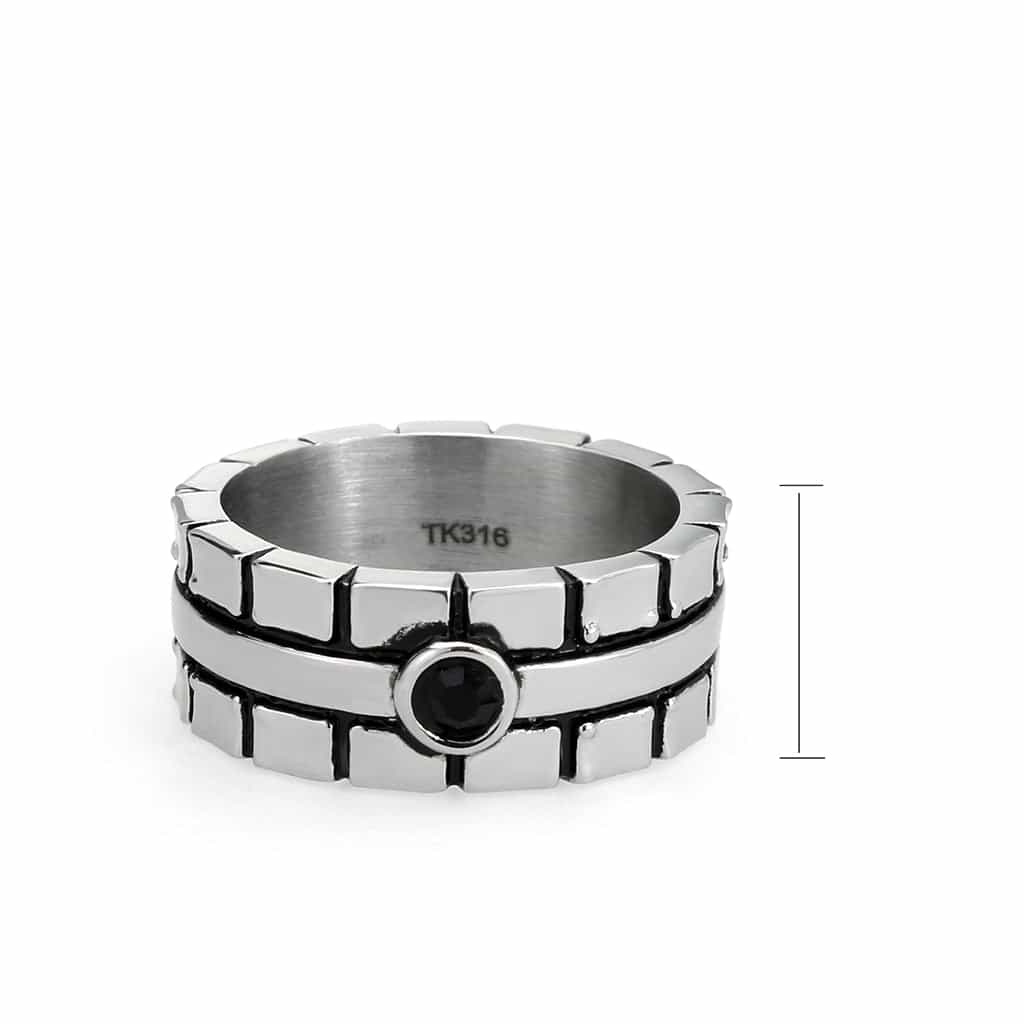 Stainless Steel Silver Black CZ Round Tire Tread Pattern Ring view 6