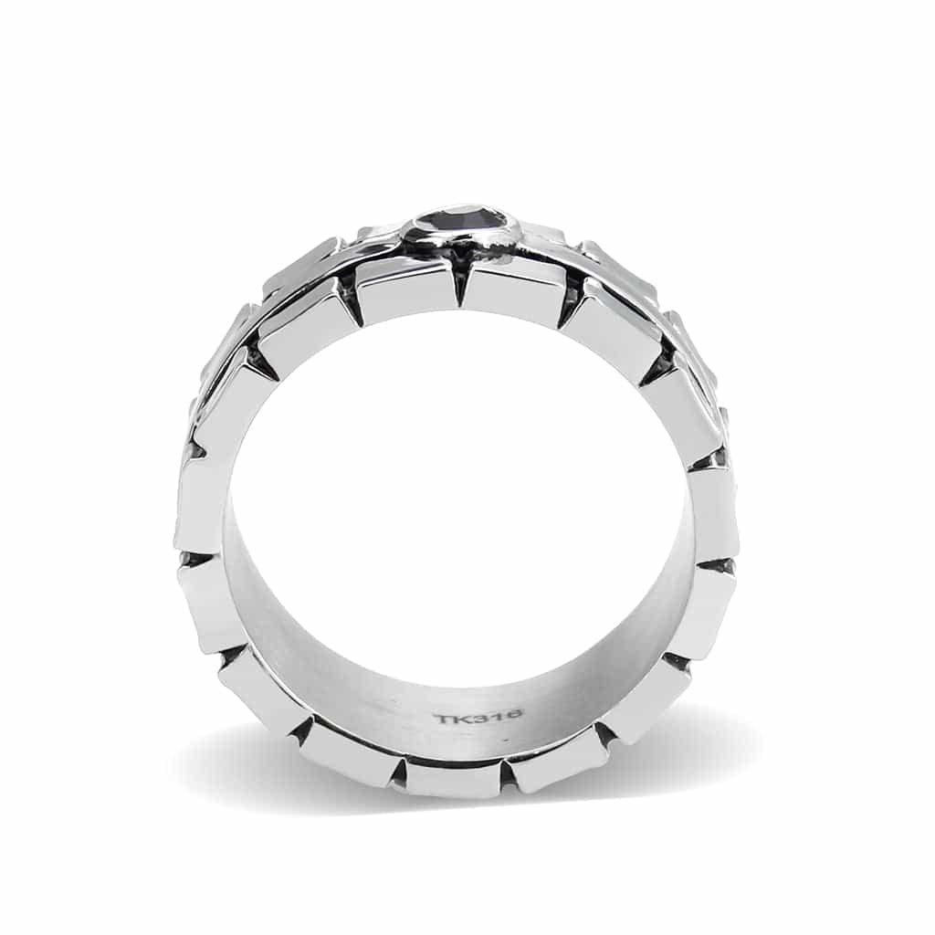Stainless Steel Silver Black CZ Round Tire Tread Pattern Ring view 7